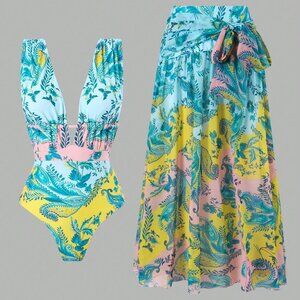 Multicolor Casual Women's Chiffon Swimsuit Set with Skirt